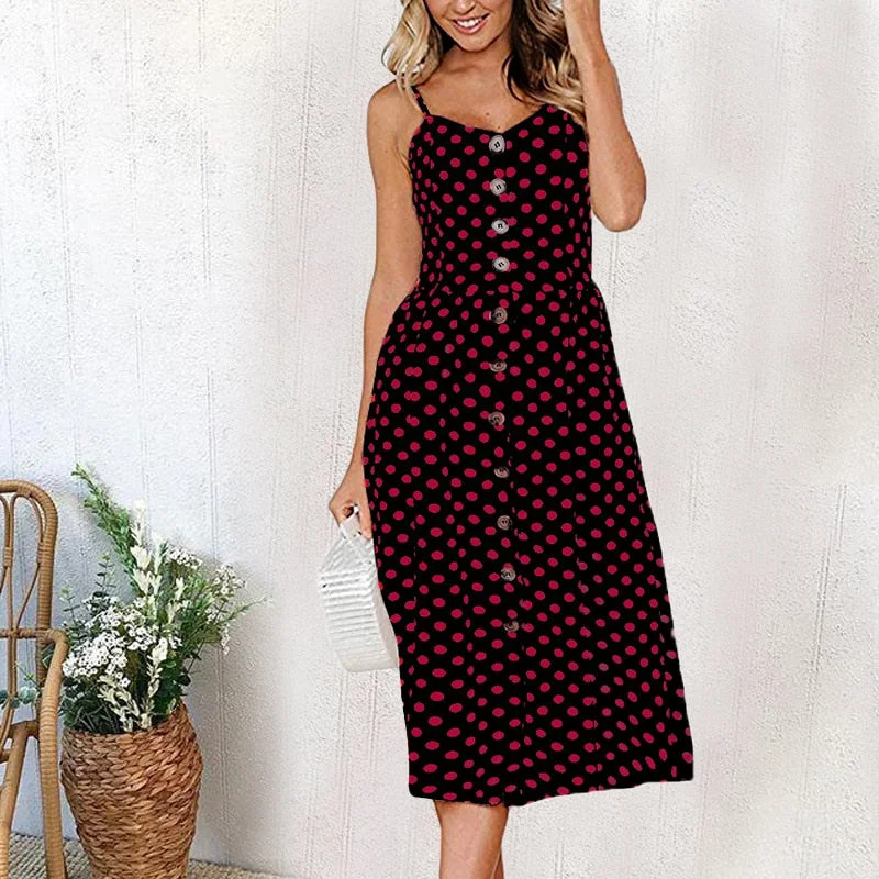 2020Women Summer Dress Backless Polka Dot Sleeveless Beach Button Casual Yellow Sundress Plus Size XXXL Dress For Women Vestidos