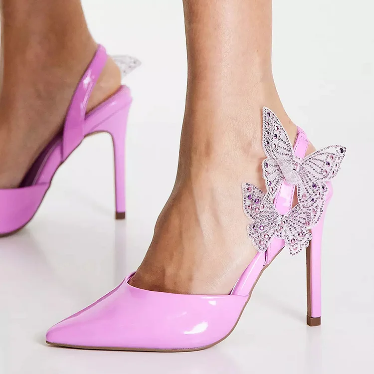 Pink Butterfly Patent Slingback Stilettos - Evening Pointed Pumps Vdcoo