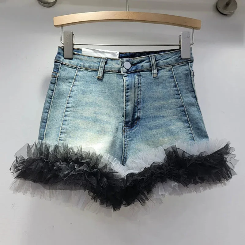 Toloer Denim Frill Trim Short-Outfit Ideas
