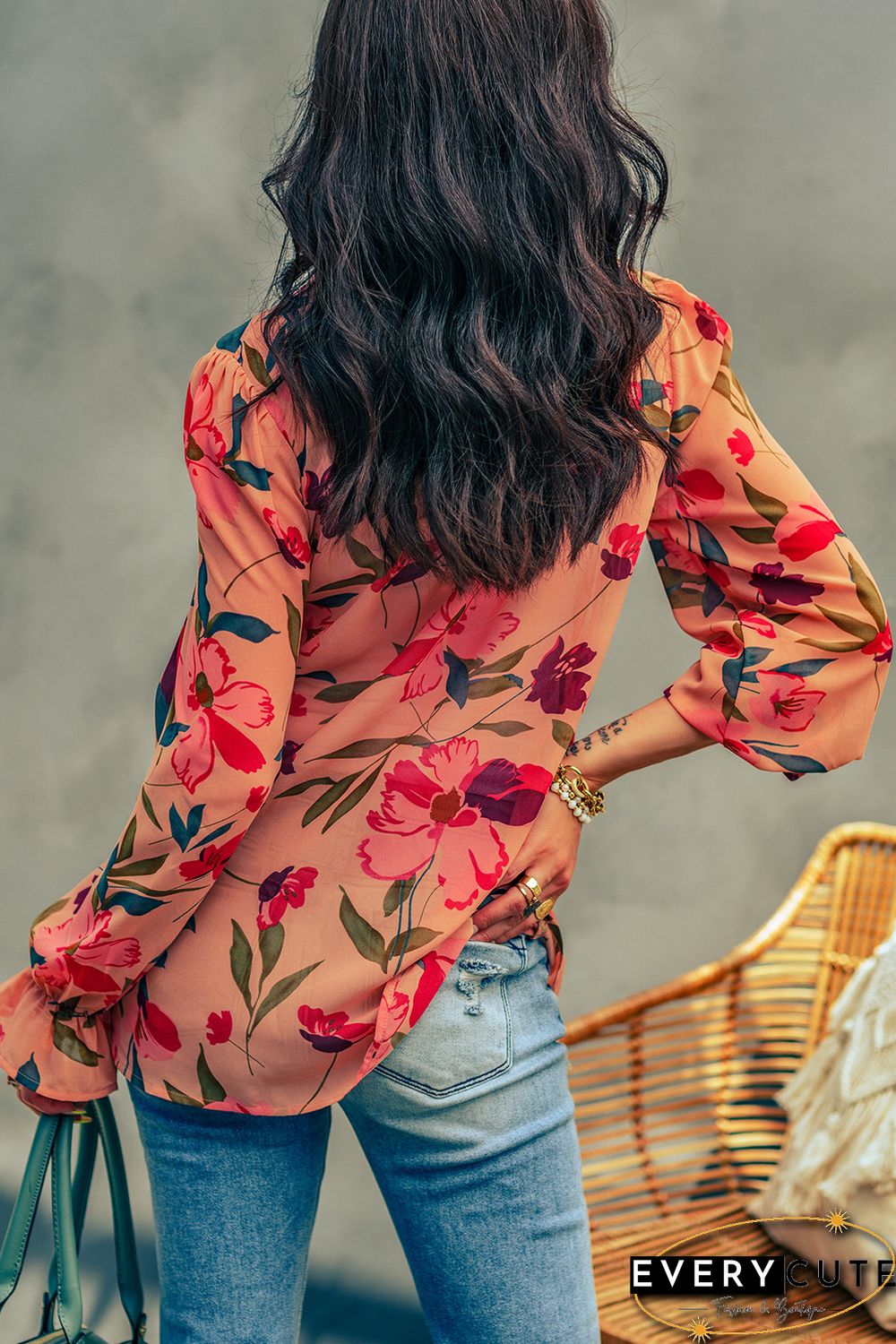 Red Floral Print Ruffled Long Sleeve Shirt