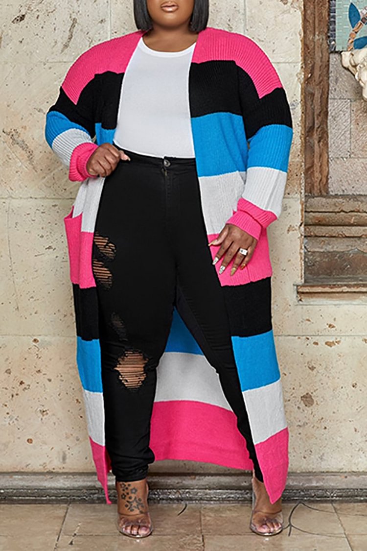 Plus Size Daily Hot Pink Colorblock Long Sleeve With Pockets Ankle Length Outwear Cardigans