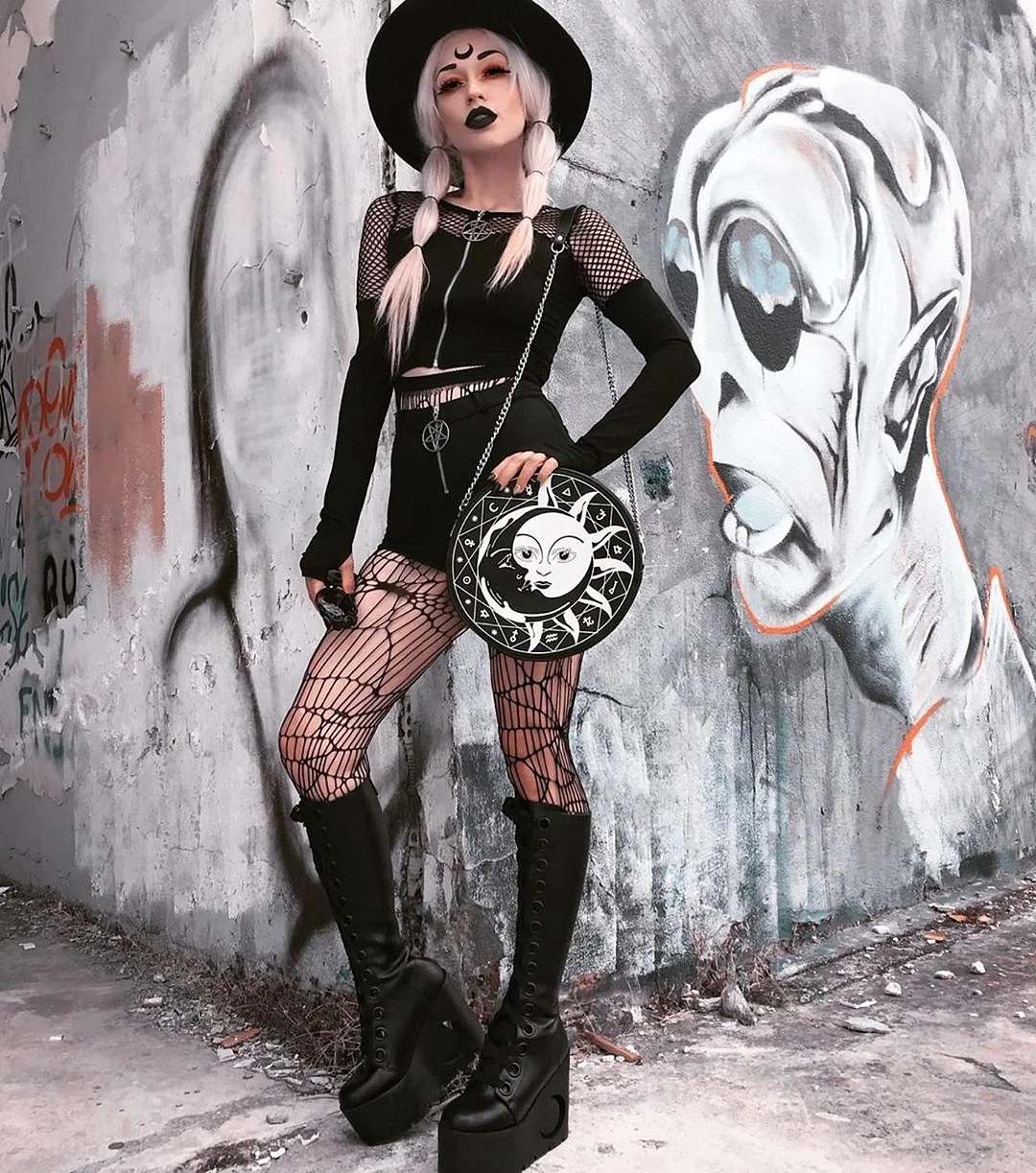 InsGoth Gothic Sexy Hollow Out Black Tops Harajuku Vintage Pentagram Zip Up Long Sleeve Tops Women Streetwear Punk Fish Net Tops