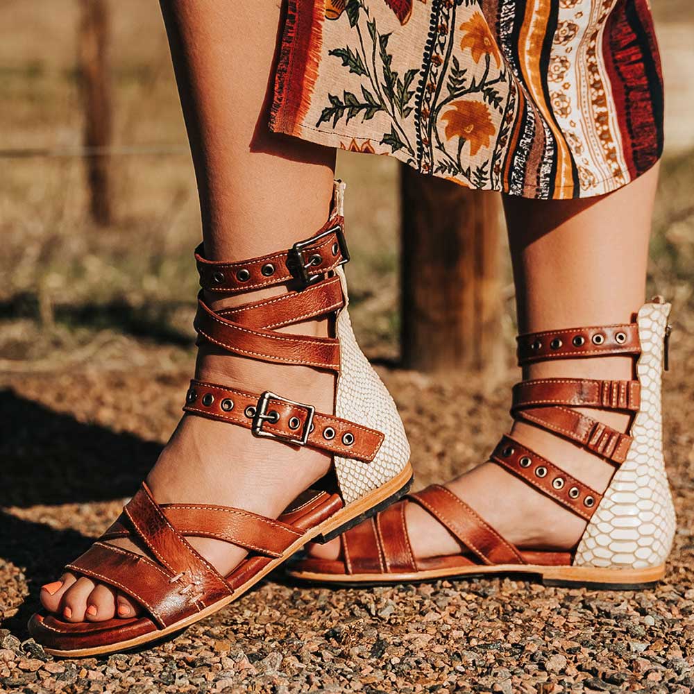 Brown Distressed Open-Toe Grommet Strappy Flat Sandals for Women Nicepairs