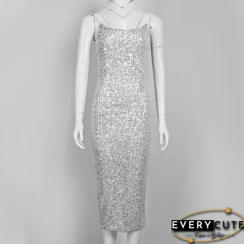 New Fashion Sequined Spaghetti Strap Sexy Backless Bodycon Midi Dress For Women Evening Party Vestidos 9012