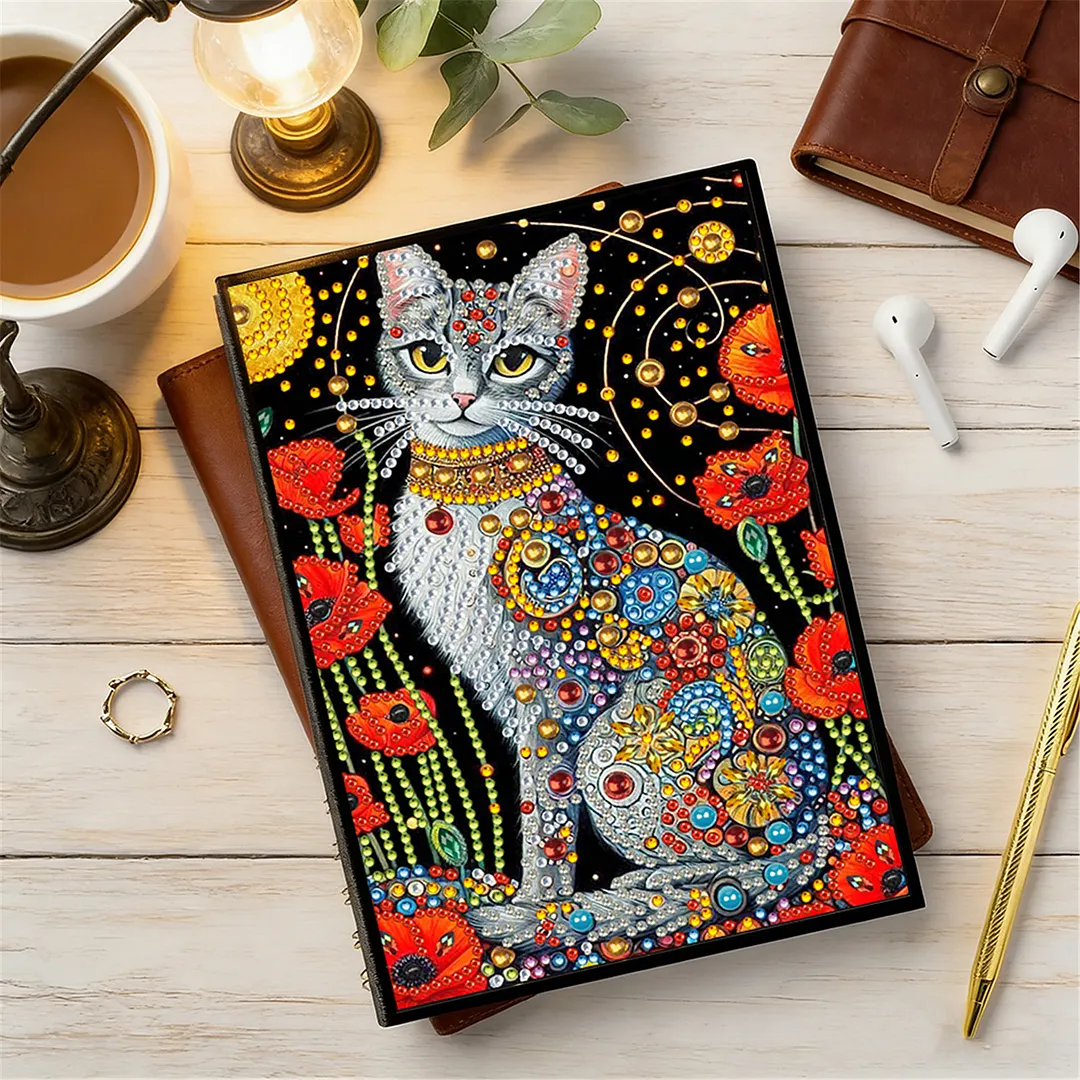 DIY Flower Diamond Painting Journals Notebooks 50 Pages A5 No Lines Special Shaped Diamond Art Kits for Beginners Craft Lovers and Artists (Cat and Flower)