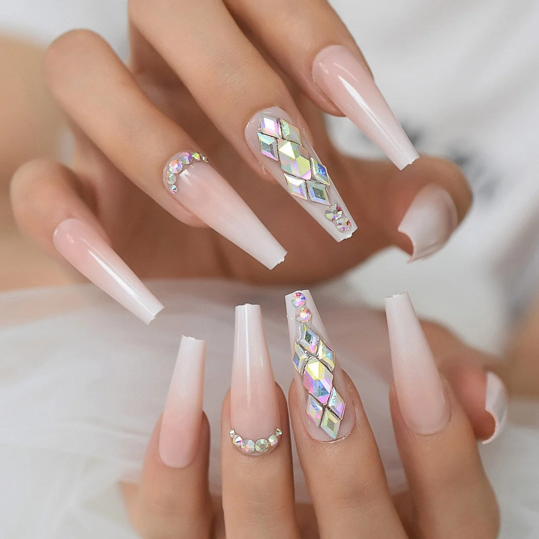 Extra Long Coffin Rhinestone Fake Nails Gel Tips Decoration Nails False Hand Dummy Fake Nails Stick On Nails Fingernails-Nail Inspo