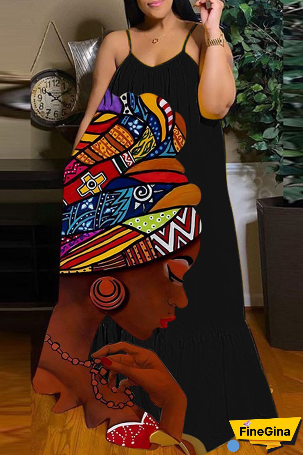 Black Brown Casual Street Print Patchwork Spaghetti Strap Sling Dress Dresses