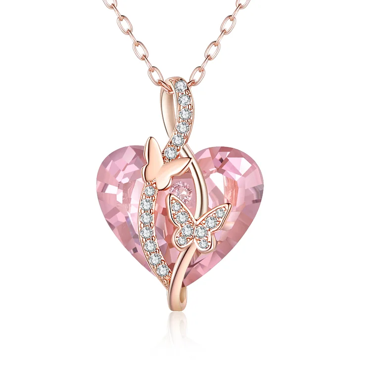 Heart Pink Crystal Necklace Butterfly Tourmaline Necklace for Her