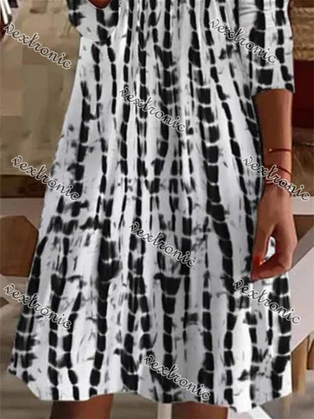 Women's White 3/4 Sleeve V-neck Graphic Midi Dress