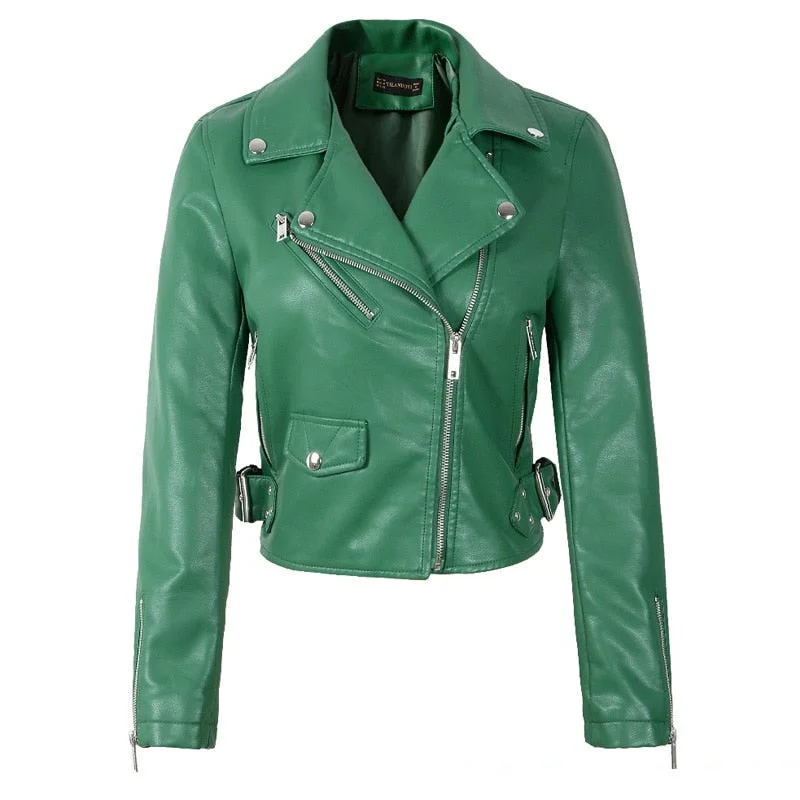 FTLZZ Women Black Faux Leather Jackets Pu Motorcycle Zipper Faux Soft Leather Rivet Zipper Red Pink Turn-down Collar Outerwear