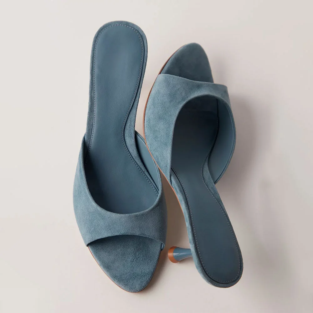 Greyish Blue Vegan Suede Open Toe Kitten Heel Mule Shoes for Women
