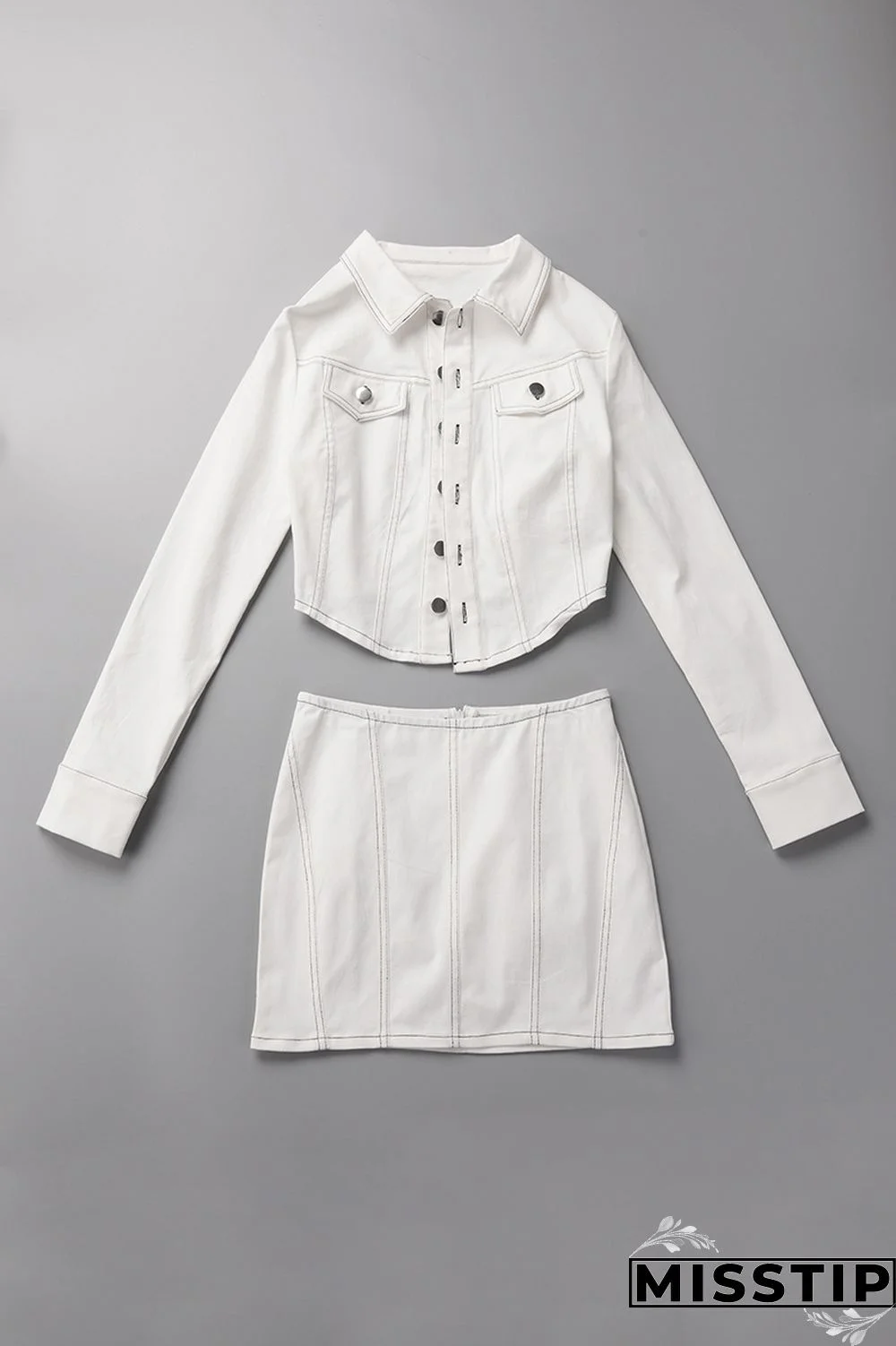 White Casual Solid Patchwork Turndown Collar Long Sleeve Two Pieces