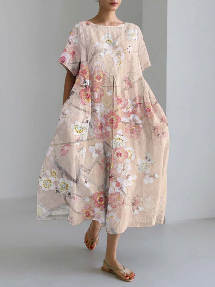 Cherry Blossom Print Linen Blend Maxi Dress
