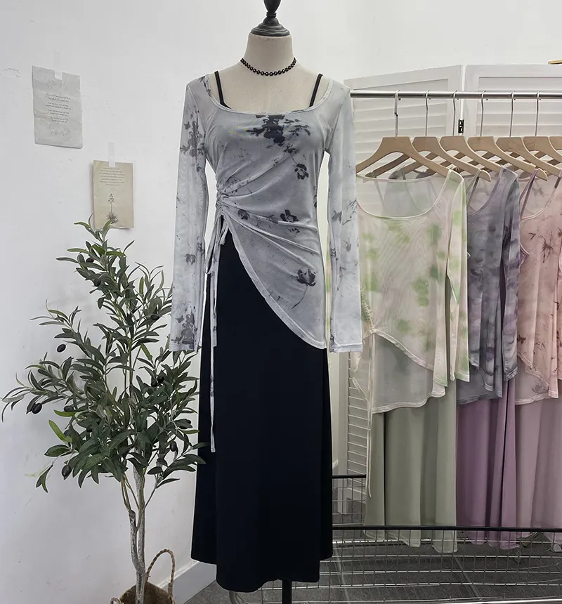 Churchf Dizzling U-Neck Rope Long-Sleeved Mesh Yarn Coat + Sling On The Back Of The Long Dress Two Sets 8859
