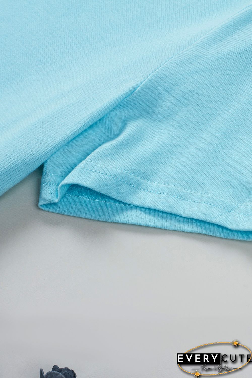 Sky Blue Leopard Color Block Buttoned V Neck T Shirt