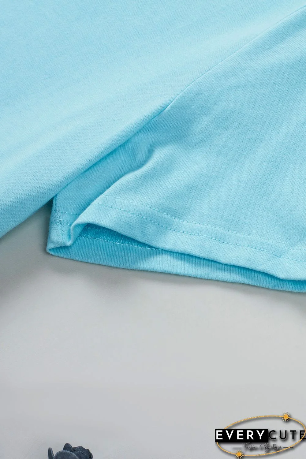 Sky Blue Leopard Color Block Buttoned V Neck T Shirt