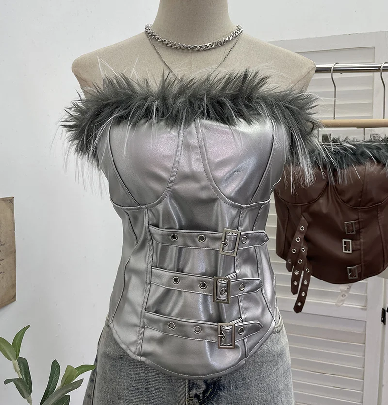 Nigikala Nigikala Shooting Retro Pu Skin Spliced Hair Bra Bra Strap Chest Punk Hottie Skin Buckle Waist Short Top 2781