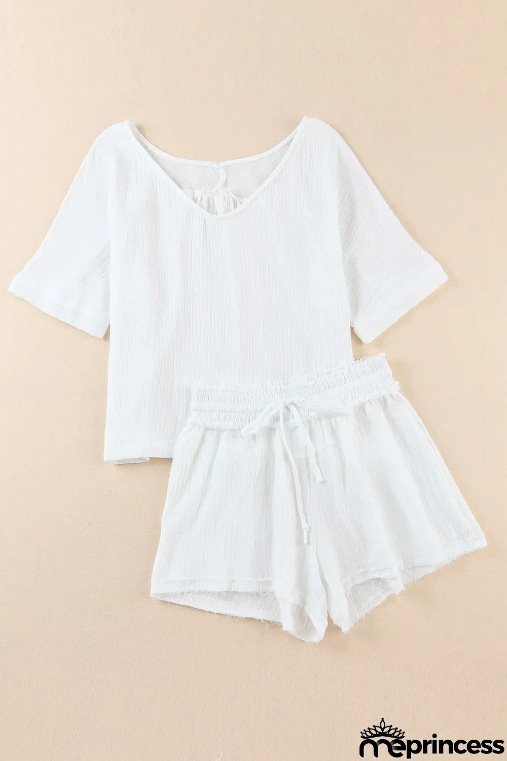 White Relaxed V Neck Blouse and Drawstring Raw Hem Shorts Set