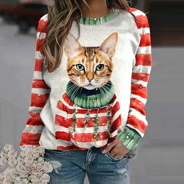 Comstylish Winter Funny Cute Clipart Cat Stripes Printed Casual Sweatshirt