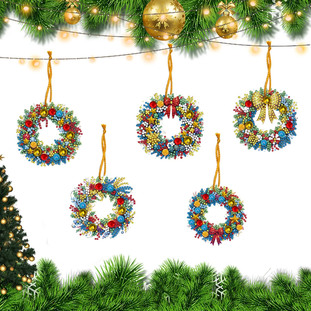 5Pcs DIY Christmas Wreath Acrylic Special Shaped 5D DIY Diamond Art Hanging Decor