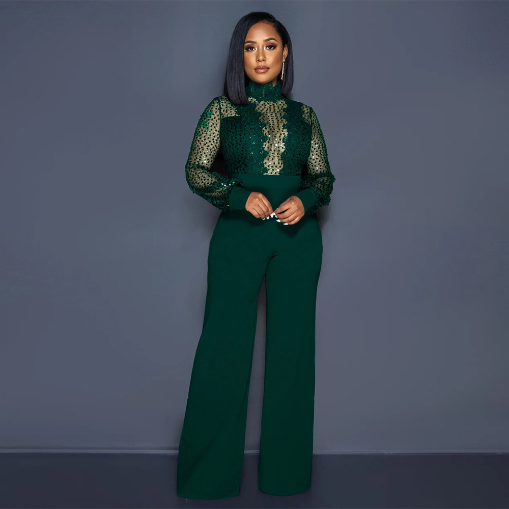 Party Turtleneck Sequin Lace Sheer Long Sleeve Top Loose Jumpsuit for Women - Ootddress