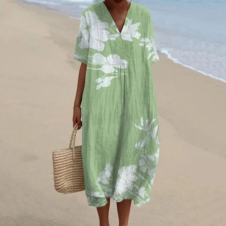 Women's Floral Art V-neck Cotton Linen Comfy Maxi Dress