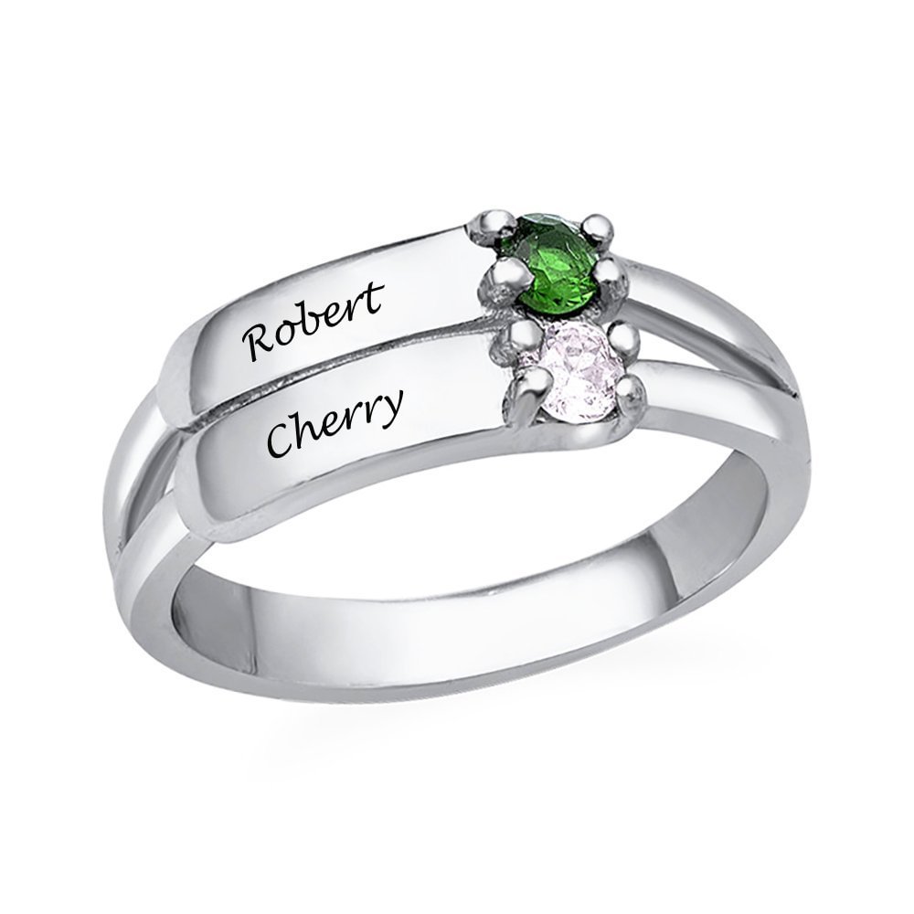 Double Birthstones Ring with Engraving Names