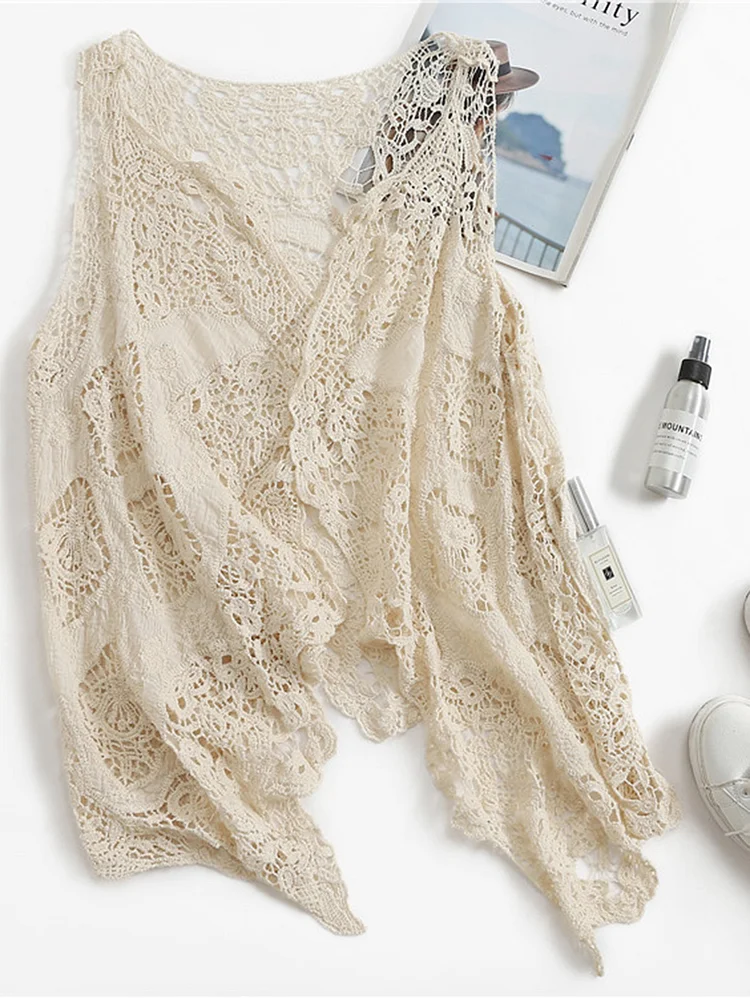 Solid Lace Hollow Out Sleeveless Irregular Cardigan