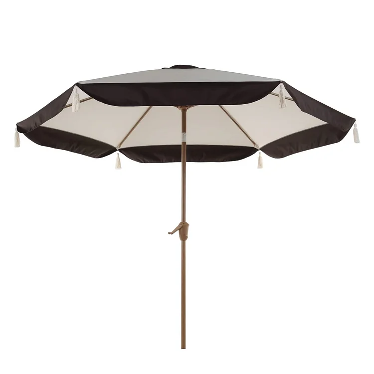 GRAND PATIO Myko 9FT Round Market Umbrella with Tassle Design Heat Transfer Wood Grain Steel Frame with Push Button Tilt, Patio Umbrella with Fringe, Crank Lift, Beige and Coffee