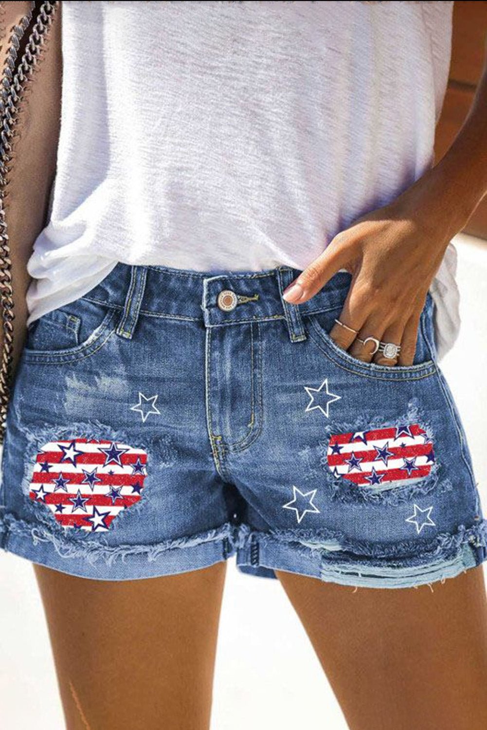 American Flag Star Ripped Denim Shorts