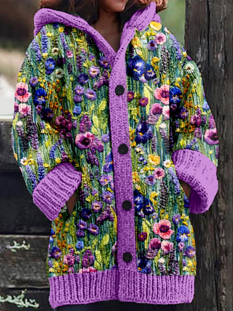Violet Wildflower Embroidery Cozy Knit Hooded Cardigan