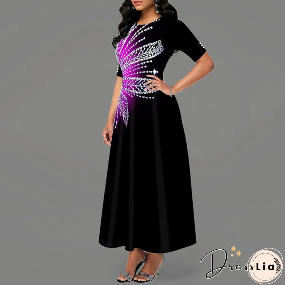 Women Button Detail Half Sleeve Floral Print Long Dress Gradient Maxi Dress