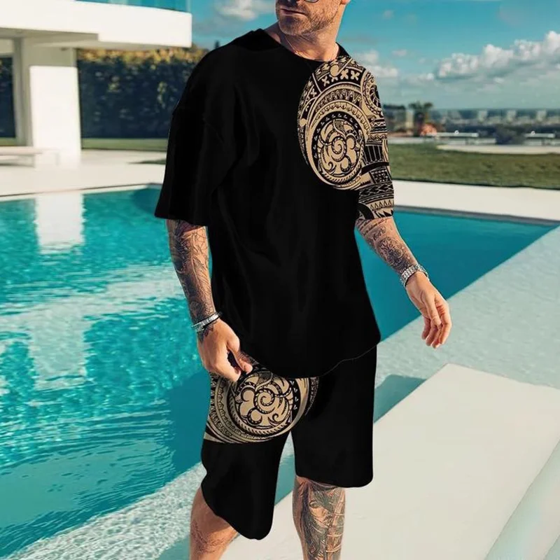 Men's Casual Fashion Totem Print Two Piece Set