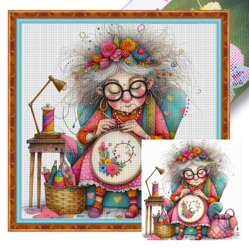 Sewing Grandma Full 11CT Pre-stamped Canvas(45*45cm) Cross Stitch