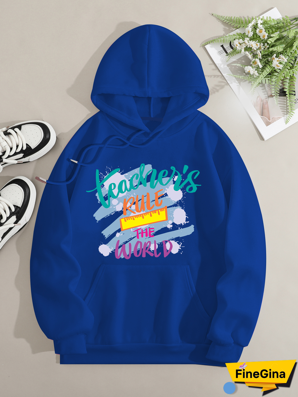 Printed on front Kangaroo Pocket Hoodie Long Sleeve for Women Pattern Teacher rule the world