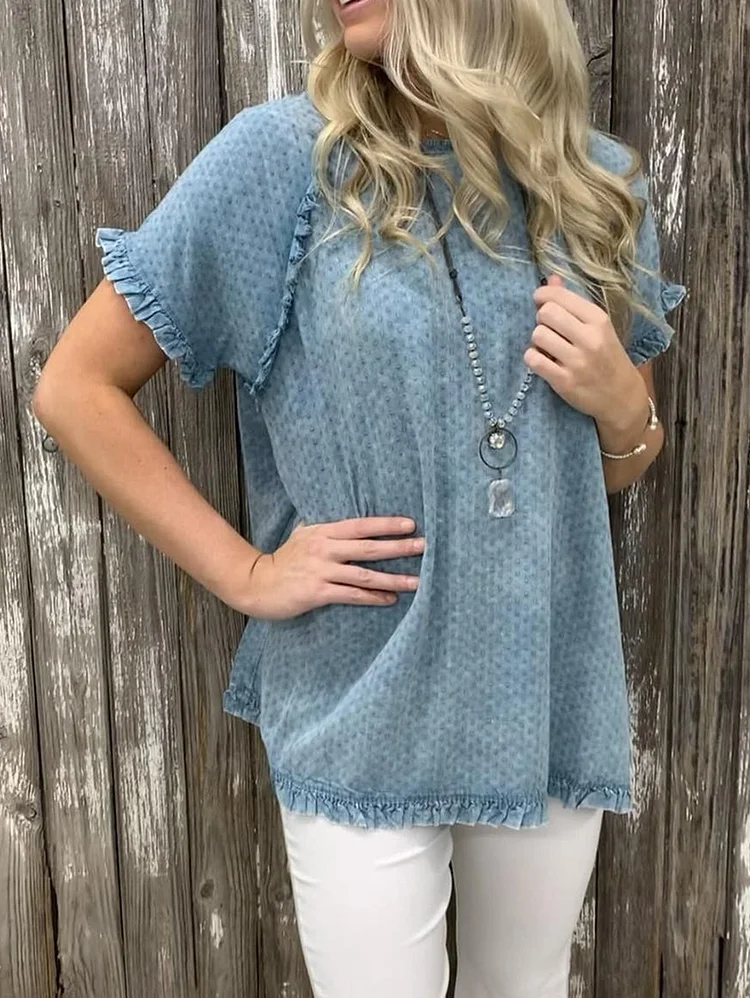 Casual Plain Jacquard Loose Crew Neck Short Sleeve Ruffle Shirt