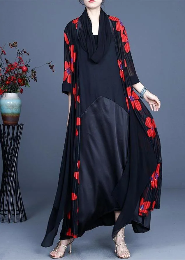 Simple Red Floral Summer Silk Long Loose Jacket