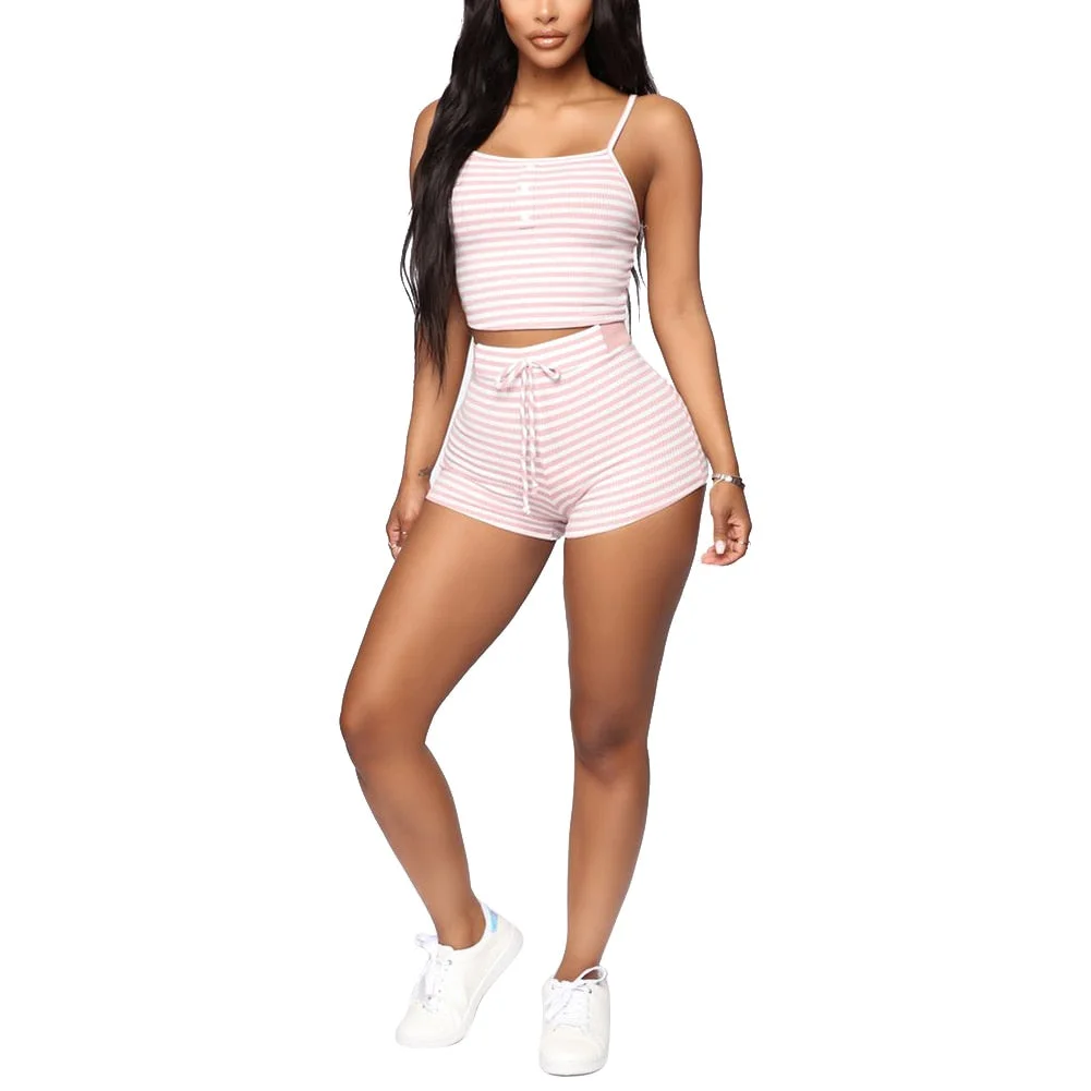 hirigin New Summer Women Sets Striped 2Pieces Outfits Streetwear Sling Camis Lace-up Shorts Female Sport Suits Tracksuit