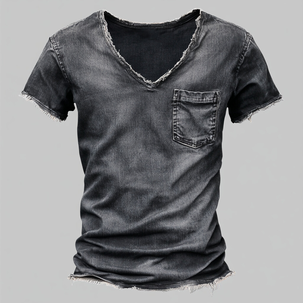 Men's V Neck Short Sleeve Chest Pocket Denim Raw Edge Casual T-Shirt