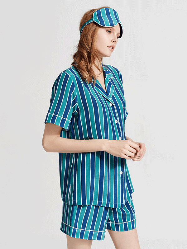 Luxury Blue Stripes Printed Short Silk Pajamas Set-Luxury Silk Life
