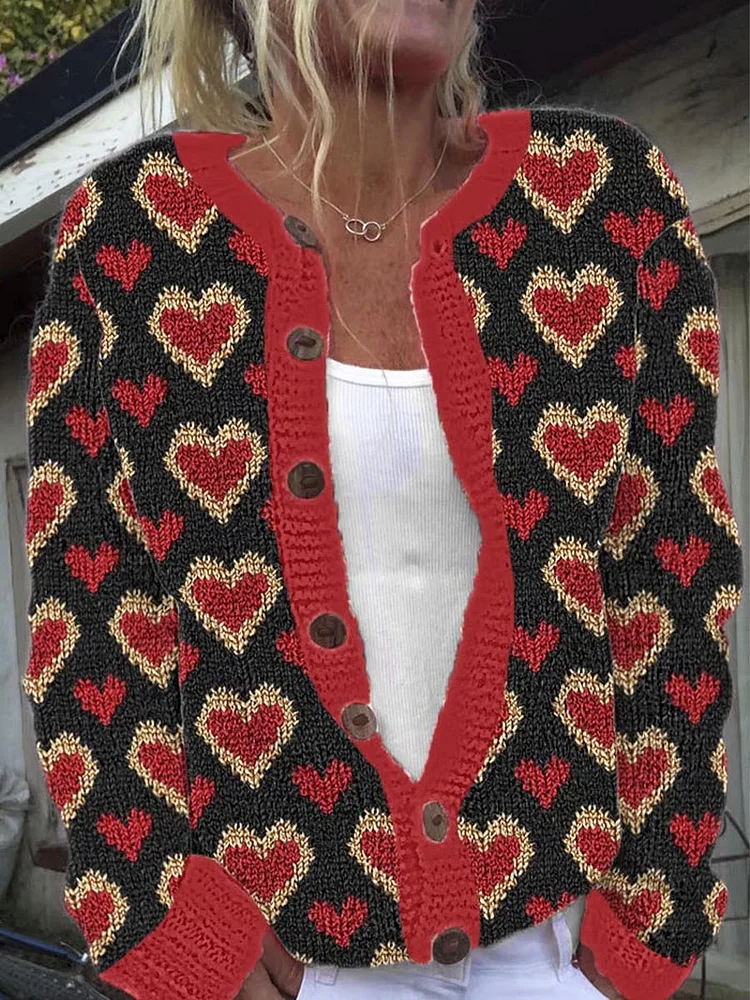 Women's Lovely Hearts Valentine's Day Art Print Buttoned Cardigan Sweater