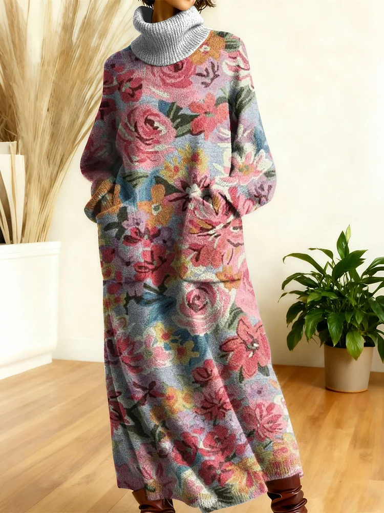 Women's Retro Flowers Geometric Patchwork High-neck Long-sleeve Casual Loose Knit Dress