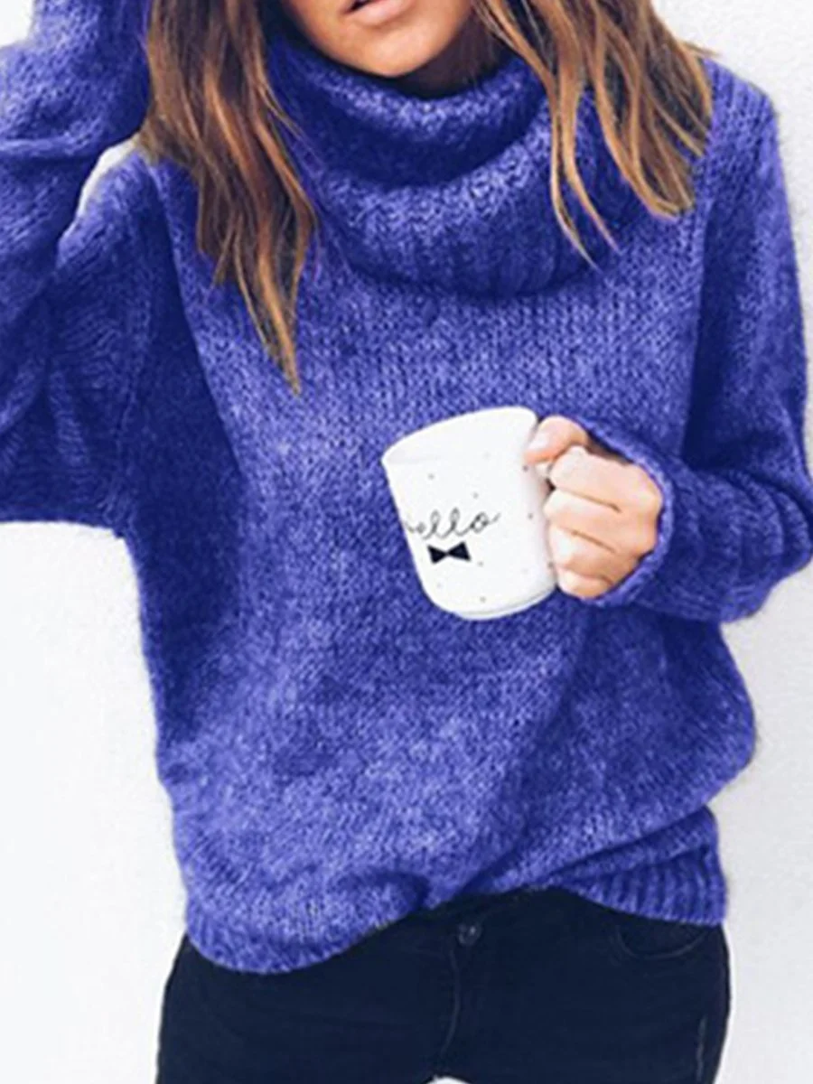High Neck Solid Color Long Sleeve Knitting Sweater