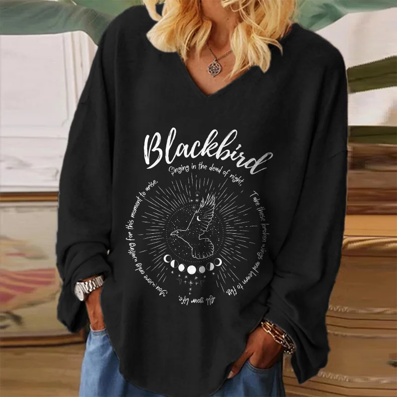 Blackbird Singing In The Dead Of Night Printed Long Sleeve T-shirt