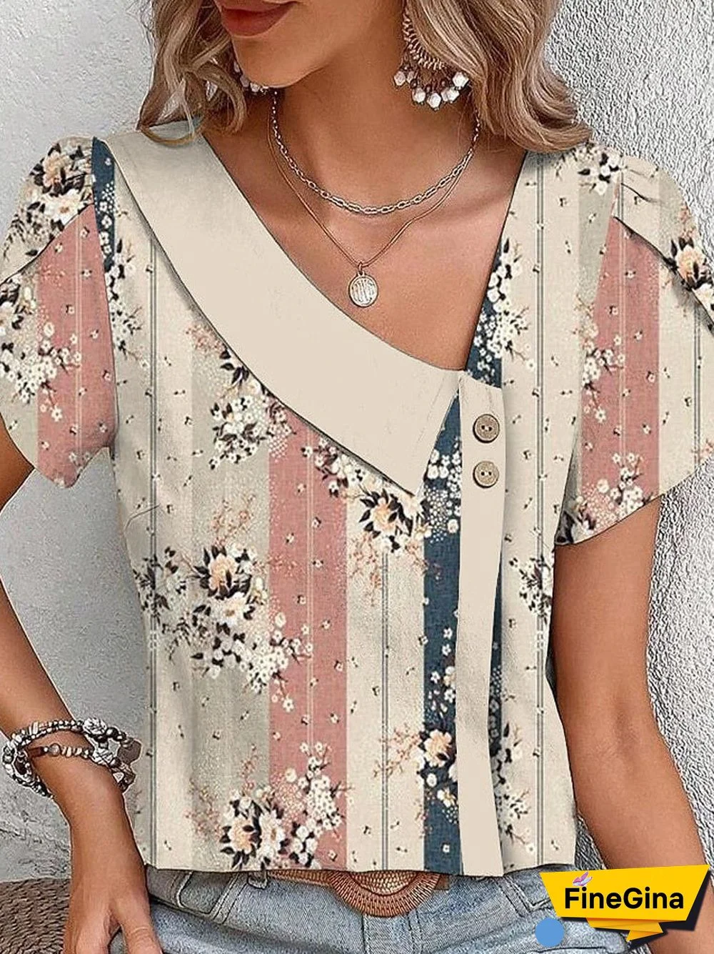 Women's L Neck Short Sleeves Floral Printed Casual Tops