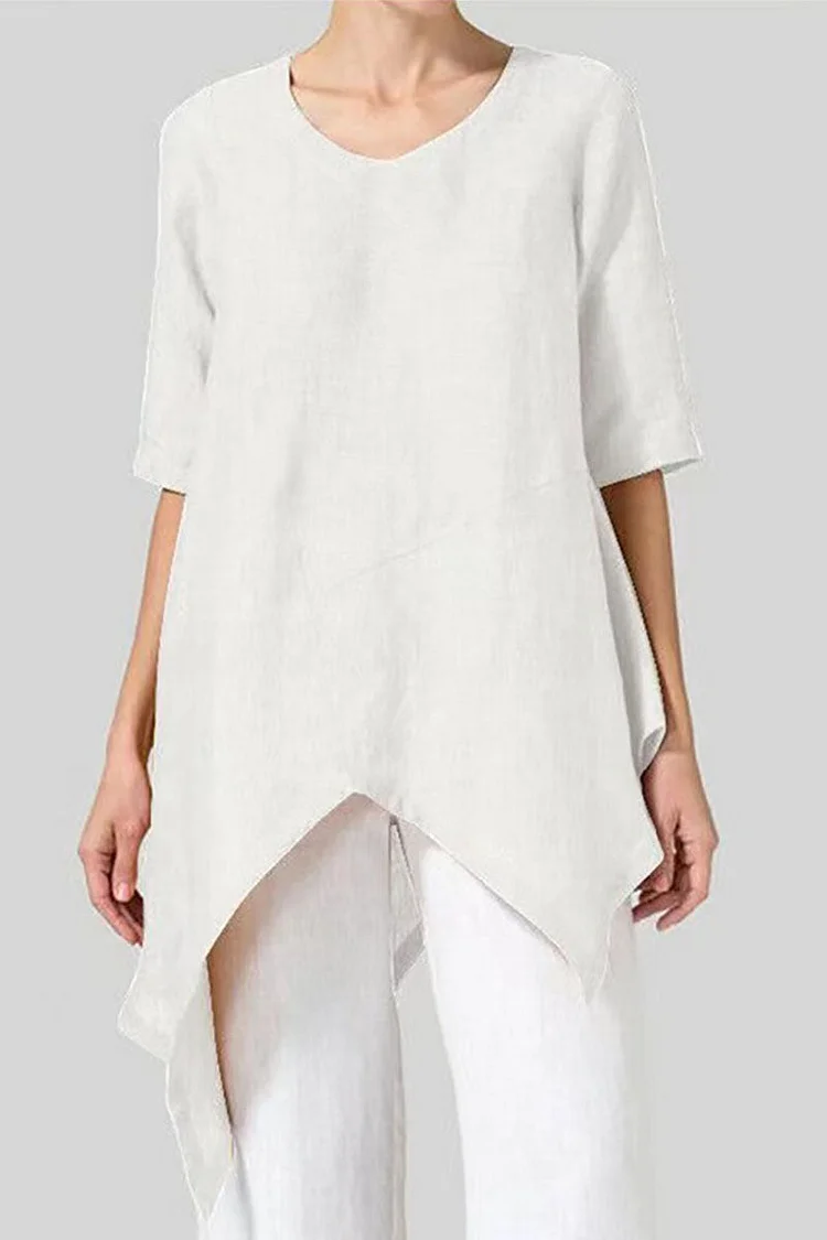 Irregular Hem Half Sleeve Round Neck Linen Top