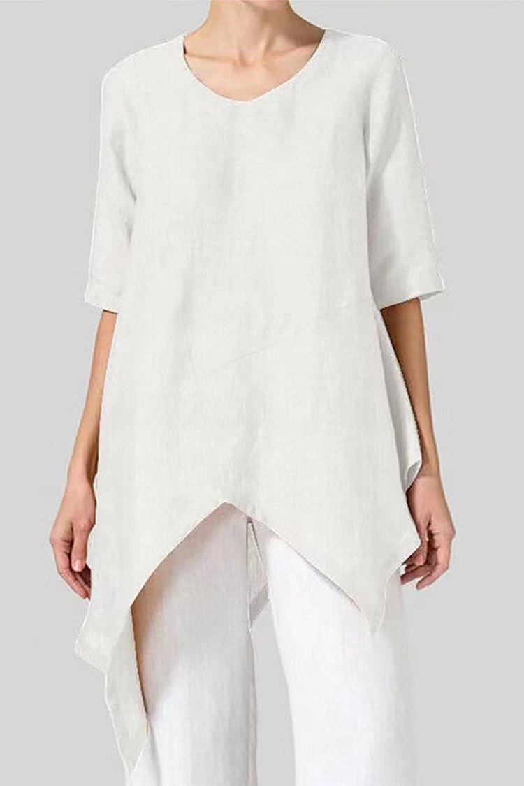 Irregular Hem Half Sleeve Round Neck Linen Top