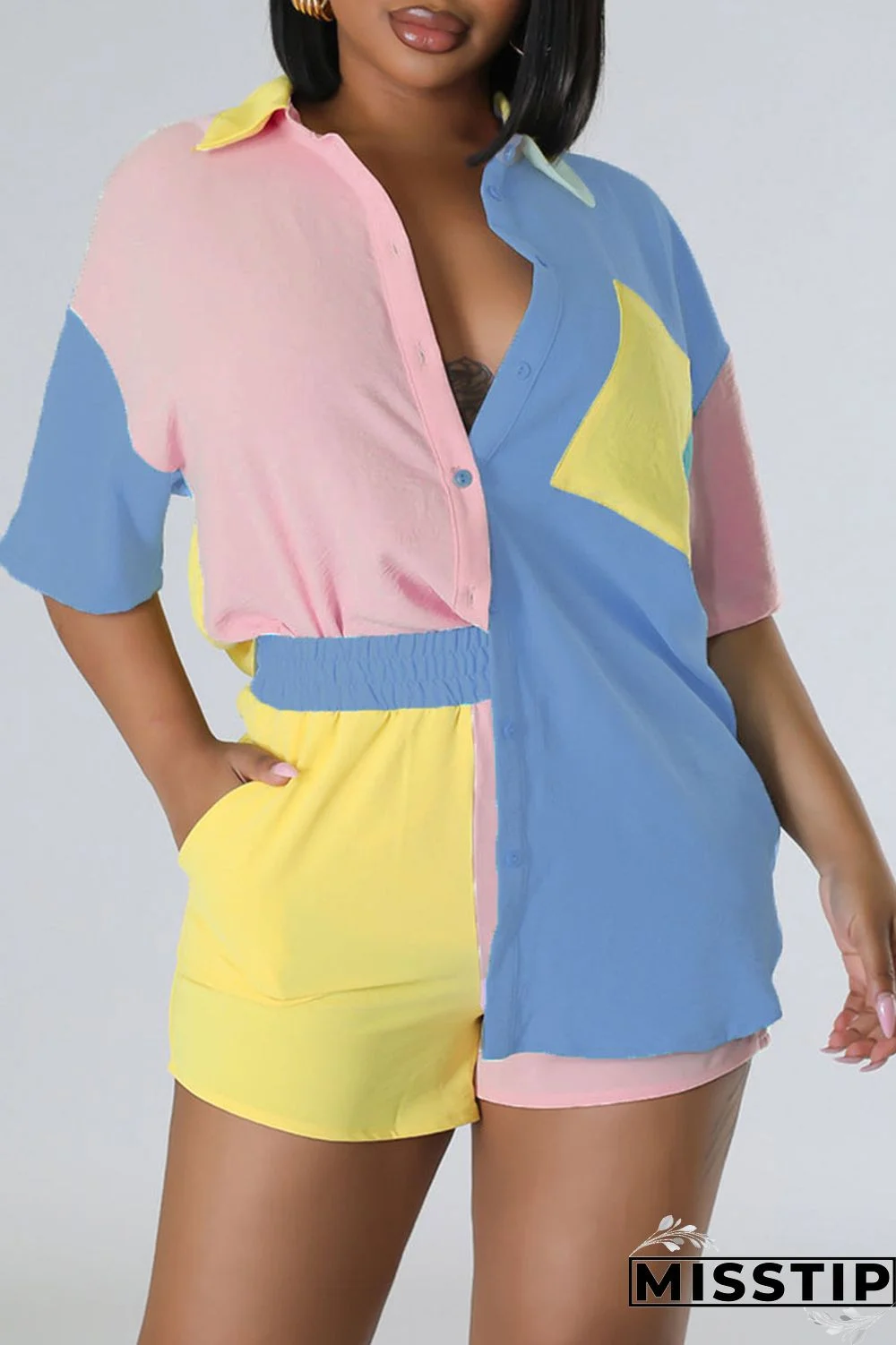 Yellow Casual Solid Patchwork Pocket Buckle Turndown Collar Short Sleeve Two Pieces