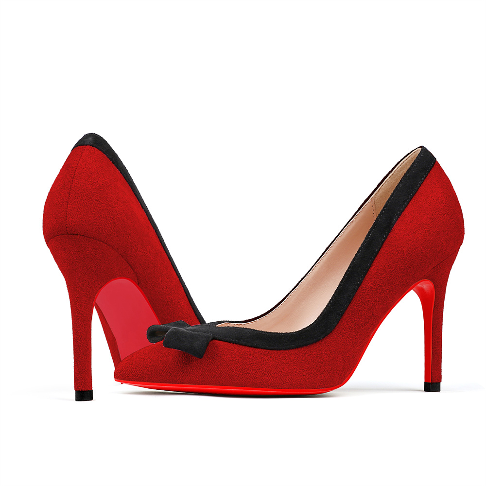 90mm Women's High Heels Sexy Bow Tie Middle Heeled Red Bottom Shoes-MERUMOTE