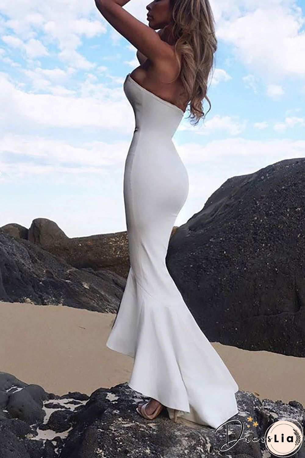 White Long Mermaid Strapless High Low Prom Dress
